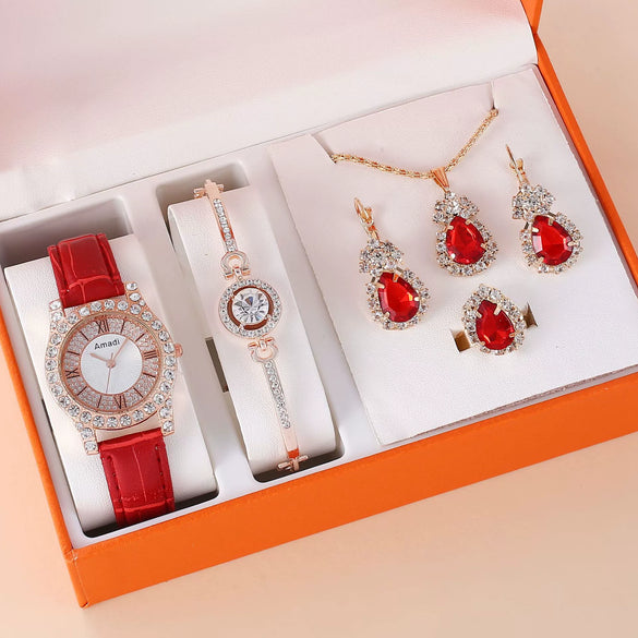 Women's Watch And Jewelry Set Alloy Gold Imitation Leather Round Dial Luxury Style