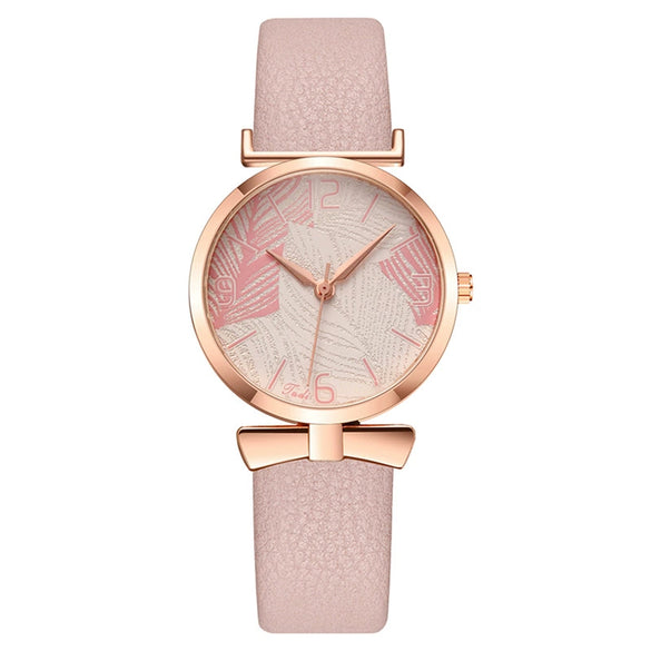 Women's Watch Bow Leaf Print Imitation Leather Belt Metal Case Stainless Steel Clasp Round Dial