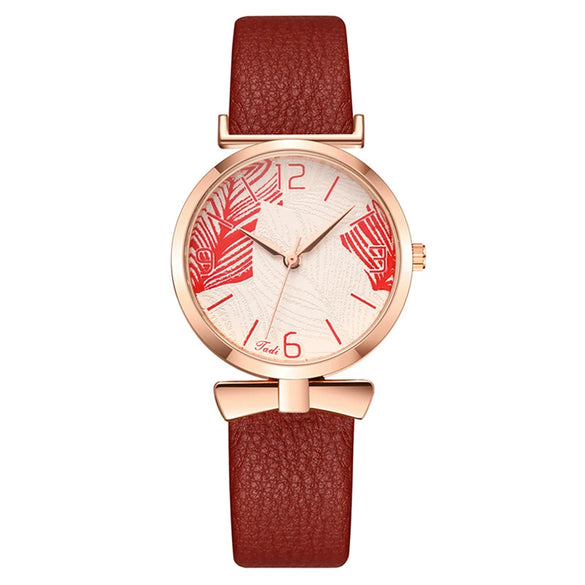 Women's Watch Bow Leaf Print Imitation Leather Belt Metal Case Stainless Steel Clasp Round Dial