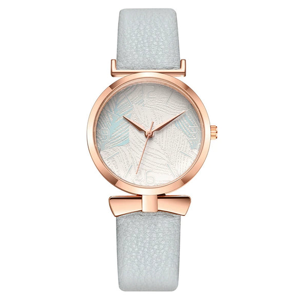 Women's Watch Bow Leaf Print Imitation Leather Belt Metal Case Stainless Steel Clasp Round Dial