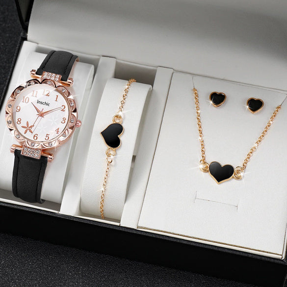 Women's Watch Fivepiece Set Alloy Case Imitation Leather Strap Round Dial Casual Style Rhinestone Love Jewelry Gift Suit