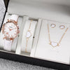 Women's Watch Fivepiece Set Alloy Case Imitation Leather Strap Round Dial Casual Style Rhinestone Love Jewelry Gift Suit