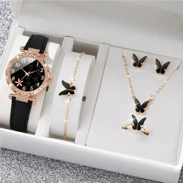 Women's Watch Fivepiece Set Alloy Case Imitation Leather Strap Round Dial Casual Style Rhinestone Love Jewelry Gift Suit