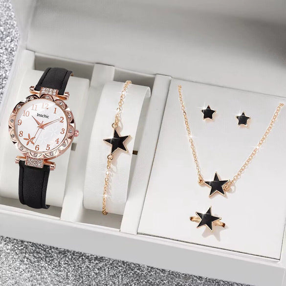 Women's Watch Fivepiece Set Alloy Case Imitation Leather Strap Round Dial Casual Style Rhinestone Love Jewelry Gift Suit