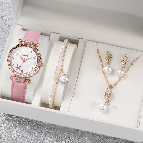 Women's Watch Fivepiece Set Alloy Case Imitation Leather Strap Round Dial Casual Style Rhinestone Love Jewelry Gift Suit