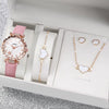 Women's Watch Fivepiece Set Alloy Case Imitation Leather Strap Round Dial Casual Style Rhinestone Love Jewelry Gift Suit