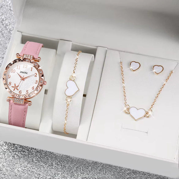 Women's Watch Fivepiece Set Alloy Case Imitation Leather Strap Round Dial Casual Style Rhinestone Love Jewelry Gift Suit