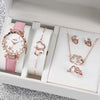Women's Watch Fivepiece Set Alloy Case Imitation Leather Strap Round Dial Casual Style Rhinestone Love Jewelry Gift Suit