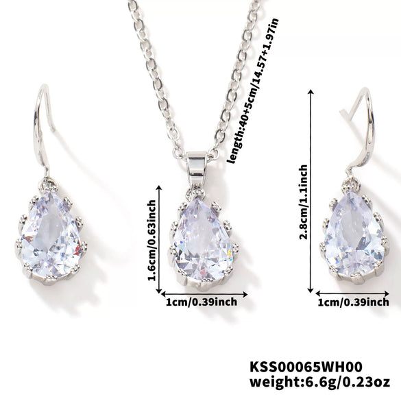 Women's Water Drop Rhinestone Necklace And Earrings Jewelry Set In Electroplated Copper With Snake Bone Chain