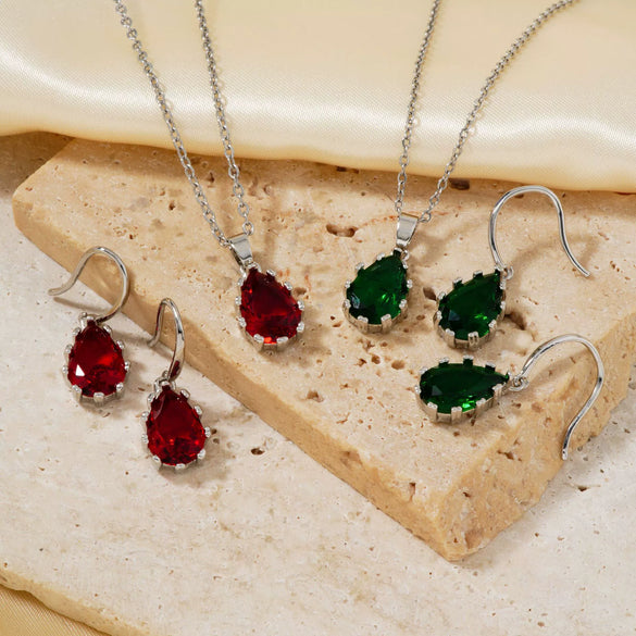 Women's Water Drop Rhinestone Necklace And Earrings Jewelry Set In Electroplated Copper With Snake Bone Chain