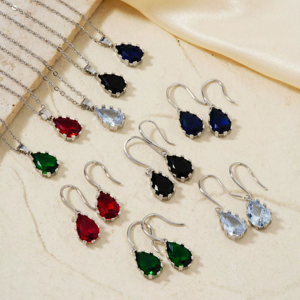 Women's Water Drop Rhinestone Necklace And Earrings Jewelry Set In Electroplated Copper With Snake Bone Chain