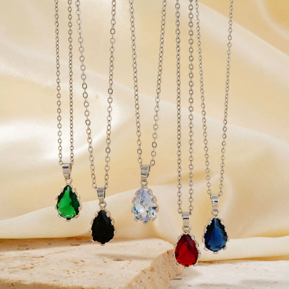 Women's Water Drop Rhinestone Necklace And Earrings Jewelry Set In Electroplated Copper With Snake Bone Chain