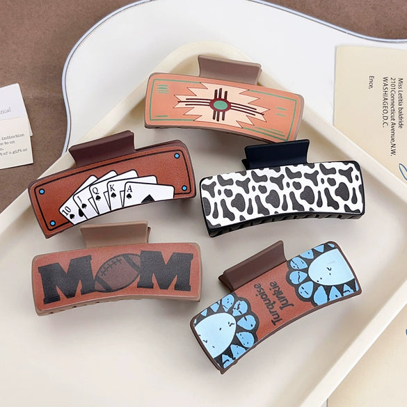Women's Western Cowboy Style Handmade Plastic And Resin Playing Card Printed Shark Clip Hair Accessories