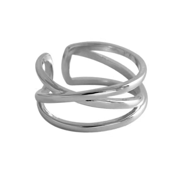 Women's White Copper Geometric Doublelayer Open Line Hollow Woven Wave Ring Hand Jewelry