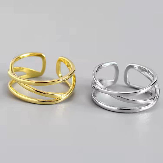 Women's White Copper Geometric Doublelayer Open Line Hollow Woven Wave Ring Hand Jewelry