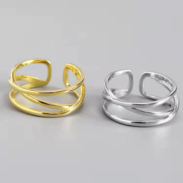 Women's White Copper Geometric Doublelayer Open Line Hollow Woven Wave Ring Hand Jewelry