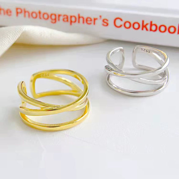 Women's White Copper Geometric Doublelayer Open Line Hollow Woven Wave Ring Hand Jewelry