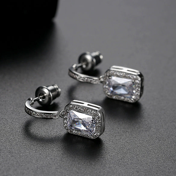 Women's White Geometric Microinlaid Zircon Copper Earrings With Electroplated Finish Fashion Jewelry Wholesale
