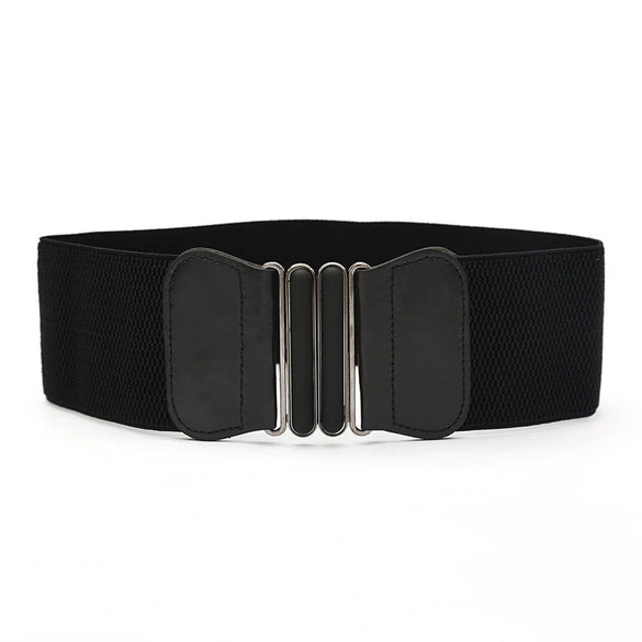 Women's Wide Elastic Imitation Leather Waist Belt With Laceup Detail And Alloy Double Ring Buckle