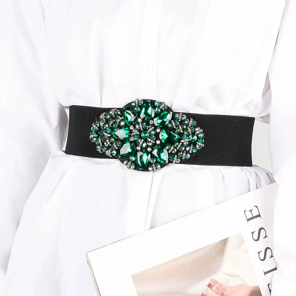 Women's Wide Elastic Woven Waist Belt With Rhinestone And Crystal Bead Embellishments And Alloy Snap Buckle