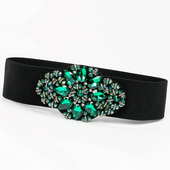 Women's Wide Elastic Woven Waist Belt With Rhinestone And Crystal Bead Embellishments And Alloy Snap Buckle