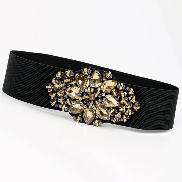 Women's Wide Elastic Woven Waist Belt With Rhinestone And Crystal Bead Embellishments And Alloy Snap Buckle
