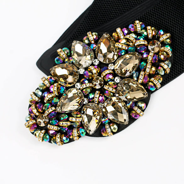 Women's Wide Elastic Woven Waist Belt With Rhinestone And Crystal Bead Embellishments And Alloy Snap Buckle