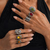 Women's Wide Geometric Openwork Ring In Antique Silver Tone Alloy With Resin Gemstone Inlay And Plated Finish