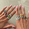 Women's Wide Geometric Openwork Ring In Antique Silver Tone Alloy With Resin Gemstone Inlay And Plated Finish