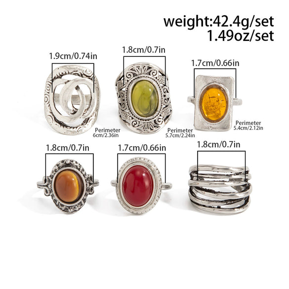 Women's Wide Geometric Openwork Ring In Antique Silver Tone Alloy With Resin Gemstone Inlay And Plated Finish
