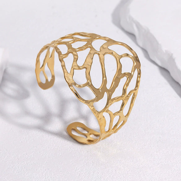 Women's Wide Hollow Geometric Stainless Steel Bracelet With Electroplated Gold Finish And Simple Luxury Style