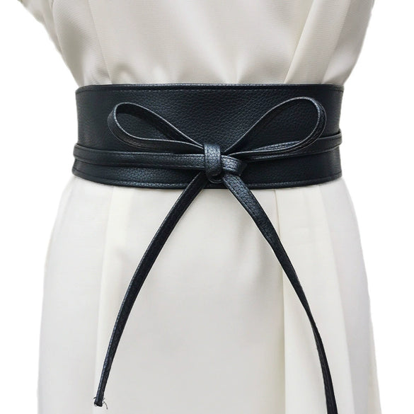 Women's Wide Imitation Leather Waist Belt With Double Ring Bow Design For Elegant Fashion Outfits
