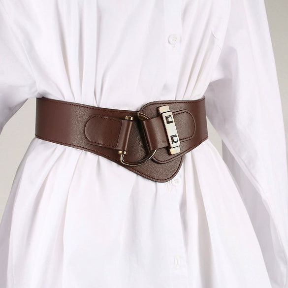 Women's Wide Pu Elastic Waist Belt With Retro Dshaped Alloy Buckle Statement Cinch Belt Accessory