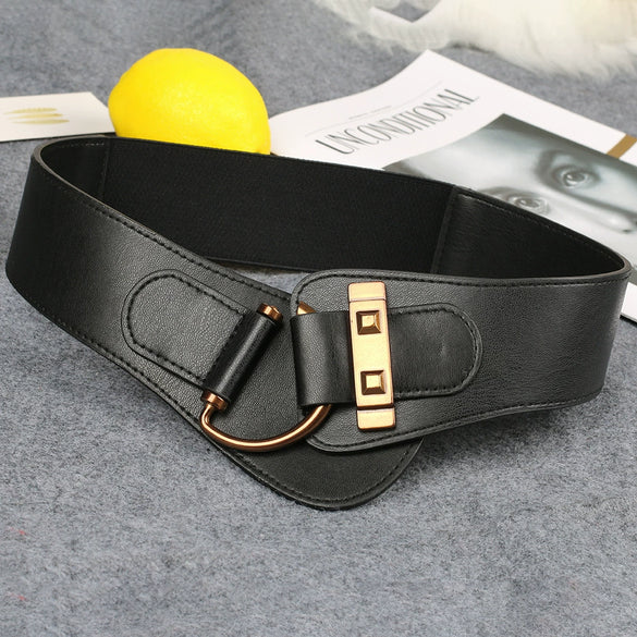 Women's Wide Pu Elastic Waist Belt With Retro Dshaped Alloy Buckle Statement Cinch Belt Accessory