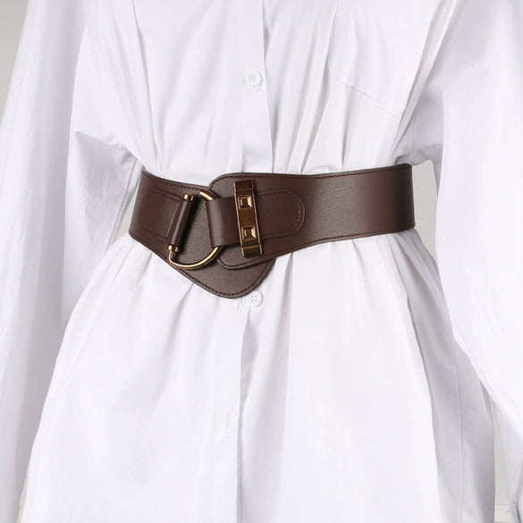 Women's Wide Pu Elastic Waist Belt With Retro Dshaped Alloy Buckle Statement Cinch Belt Accessory