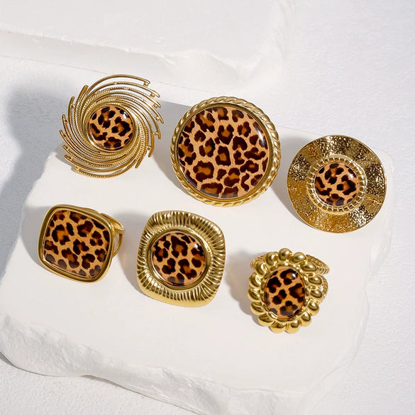 Women's Wide Stainless Steel Open Ring With Leopard Print Geometric Design And Electroplated Light Luxury Finish