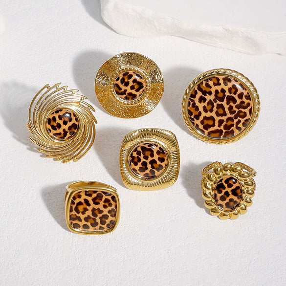 Women's Wide Stainless Steel Open Ring With Leopard Print Geometric Design And Electroplated Light Luxury Finish
