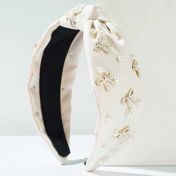 Women's Widebrimmed Hair Hoop Headband Fabric Knot Beaded Bowknot Alloy Glass Drill Set With Pearls Sweet Accessories