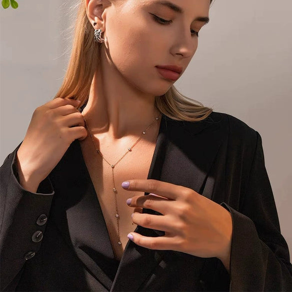 Women's Y Shaped Zircon Tassel Stainless Steel And Titanium Steel Necklace With Electroplating Treatment