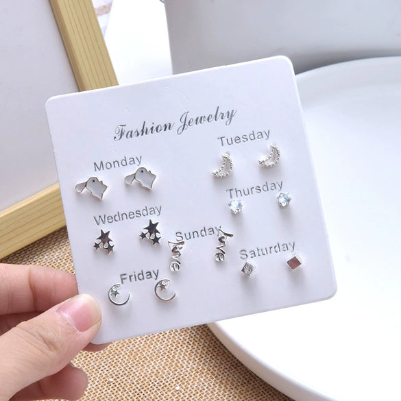 Women's Zinc Alloy And Stainless Steel Geometric Oneweek Earring Set With Diamond Design