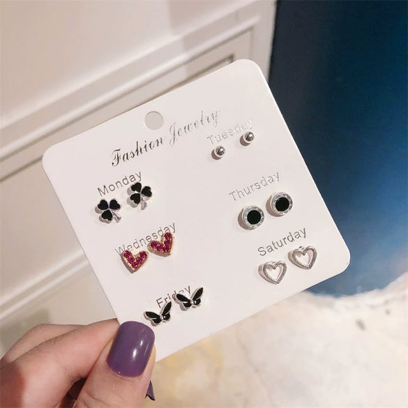Women's Zinc Alloy And Stainless Steel Geometric Oneweek Earring Set With Diamond Design
