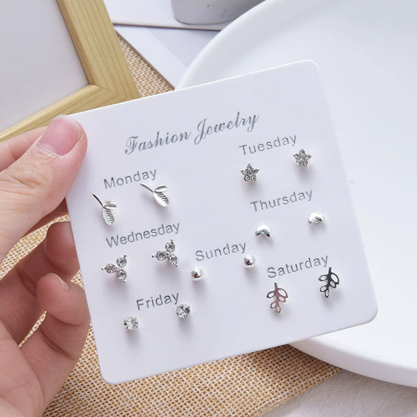 Women's Zinc Alloy And Stainless Steel Geometric Oneweek Earring Set With Diamond Design