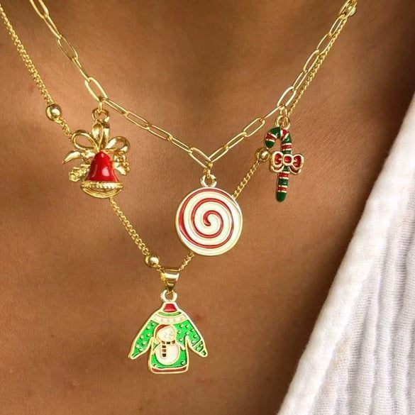 Women's Zinc Alloy Christmas Pendant Necklace With Snowflake Bell And Tree Motifs Dripping Oil Finish Simple Fashion Jewelry