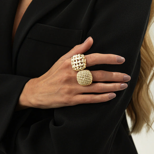 Women's Zinc Alloy Fashion Ring Set With Braided Spherical And Geometric Hollow Open Ring Designs Polished Plated Finish