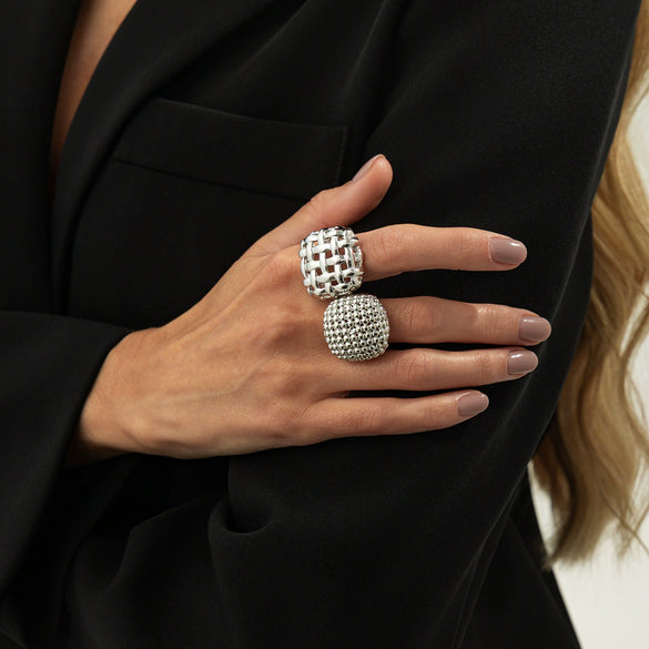Women's Zinc Alloy Fashion Ring Set With Braided Spherical And Geometric Hollow Open Ring Designs Polished Plated Finish