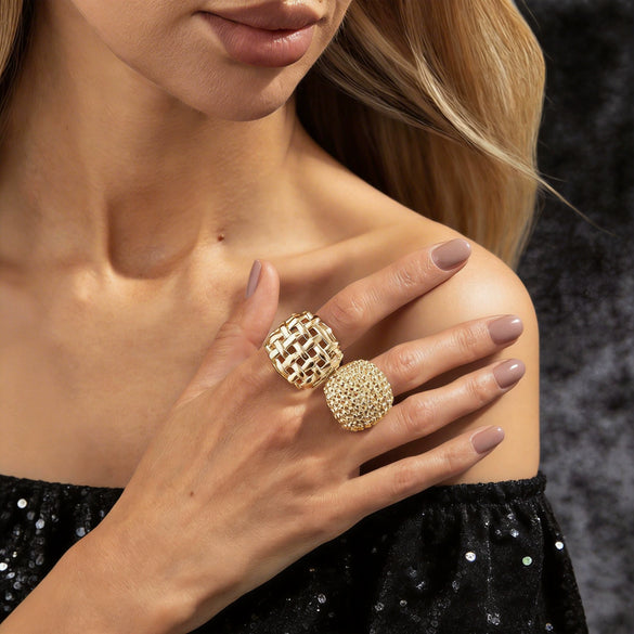 Women's Zinc Alloy Fashion Ring Set With Braided Spherical And Geometric Hollow Open Ring Designs Polished Plated Finish
