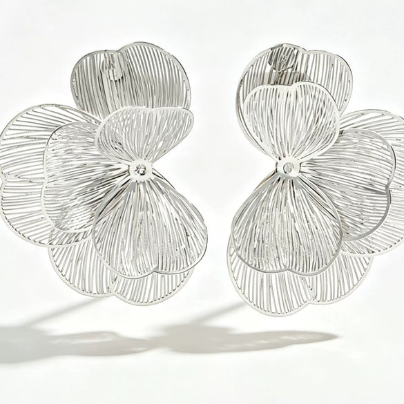Women's Zinc Alloy Floral Geometric Hollow Earrings With Electroplated Finish And Stainless Steel Ear Posts