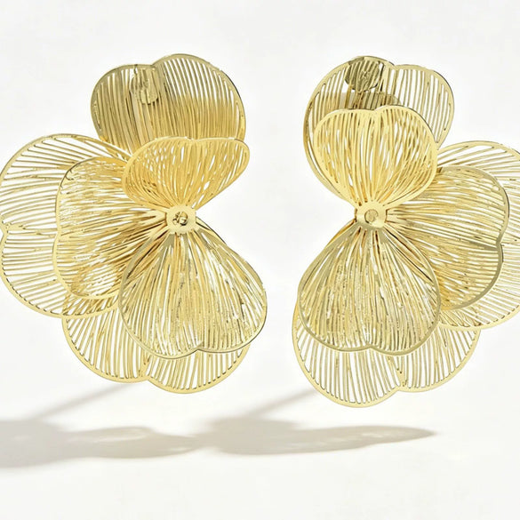 Women's Zinc Alloy Floral Geometric Hollow Earrings With Electroplated Finish And Stainless Steel Ear Posts