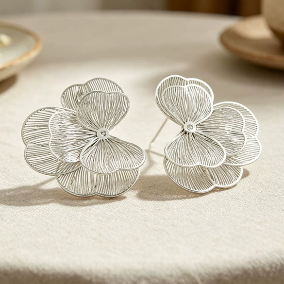 Women's Zinc Alloy Floral Geometric Hollow Earrings With Electroplated Finish And Stainless Steel Ear Posts