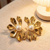 Women's Zinc Alloy Floral Leaf Earrings With Pearl Inlay And Stainless Steel Posts Niche Botanical Design Wholesale
